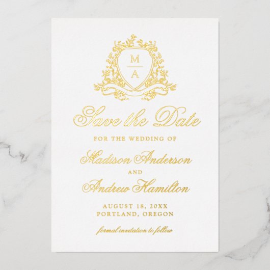 Elegant Gold Crest Monogram Wedding Save The Date Folie Uitnodiging (Voorkant)