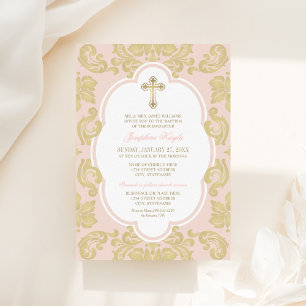 Elegant Gold Cross Blush Damask Baby Girl Baptisme Kaart
