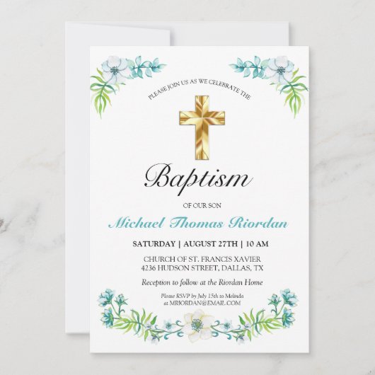 Elégant Gold Cross Boy's Blue Baptism Invitation (Devant)