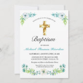 Elegant Gold Cross Boy's Blue Baptism Uitnodiging (Voorkant)