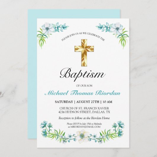 Elegant Gold Cross Boy's Blue Baptism Uitnodiging (Voorkant / Achterkant)