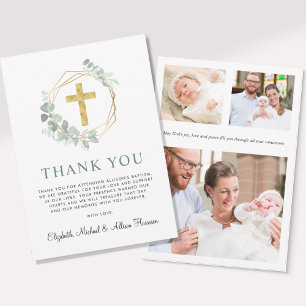 Elegant Gold Cross Eucalyptus Foto Baptisme Bedankkaart