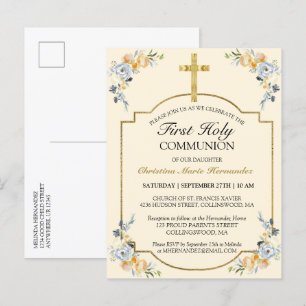 Elegant Gold Cross Floral 1st Heilige Communauteit Uitnodiging Briefkaart