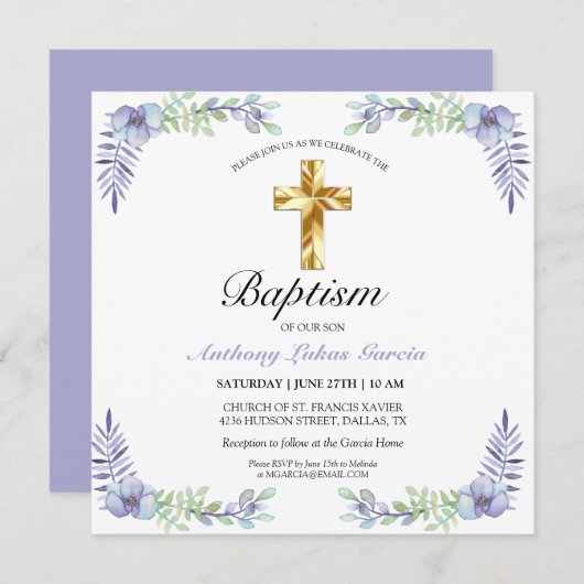 Elegant Gold Cross Lavender Boy Baptism Invitation (Devant / Derrière)