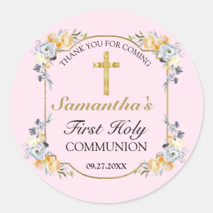 Elegant Gold Cross Pink Floral 1e Heilige Communie Ronde Sticker