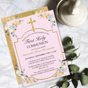 Elegant Gold Cross PInk Floral 1st Heilige Communi Kaart