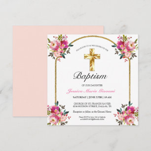 Elégant Gold Cross PInk Floral Baptism Invitation