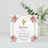 Elégant Gold Cross PInk Floral Baptism Invitation (Debout devant)