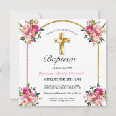Elégant Gold Cross PInk Floral Baptism Invitation (Devant)