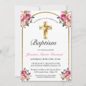 Elegant Gold Cross roze Floral Girl Baptisme Kaart (Voorkant)