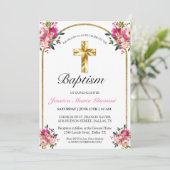 Elegant Gold Cross roze Floral Girl Baptisme Kaart (Staand voorkant)