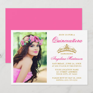 Elegant Gold Crown Photo Hot Pink Quinceanera Kaart