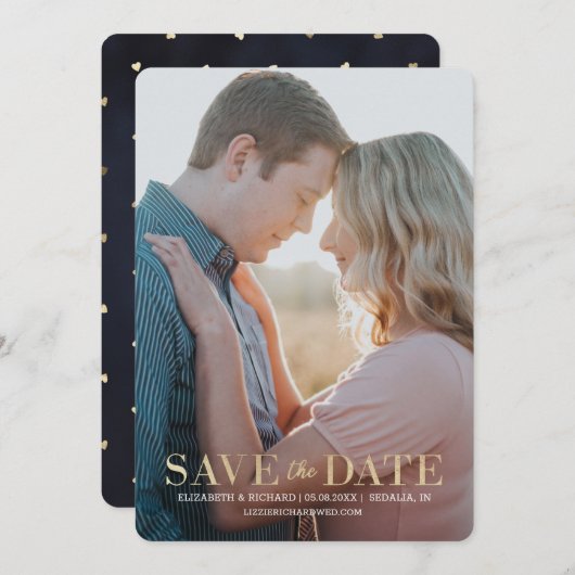 Elegant Gold Custom Photo Overlay Weddenschap Save The Date (Voorkant / Achterkant)