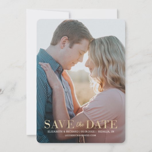 Elegant Gold Custom Photo Overlay Weddenschap Save The Date (Voorkant)