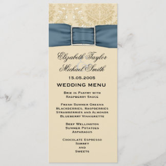 Elegant Gold Damask Blue Ribbon Menu Mariage