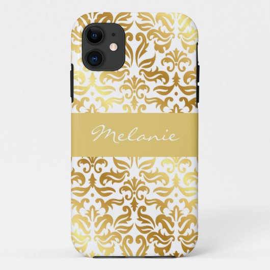 Elegant Gold Damask Monogram iPhone Case (Achterkant)