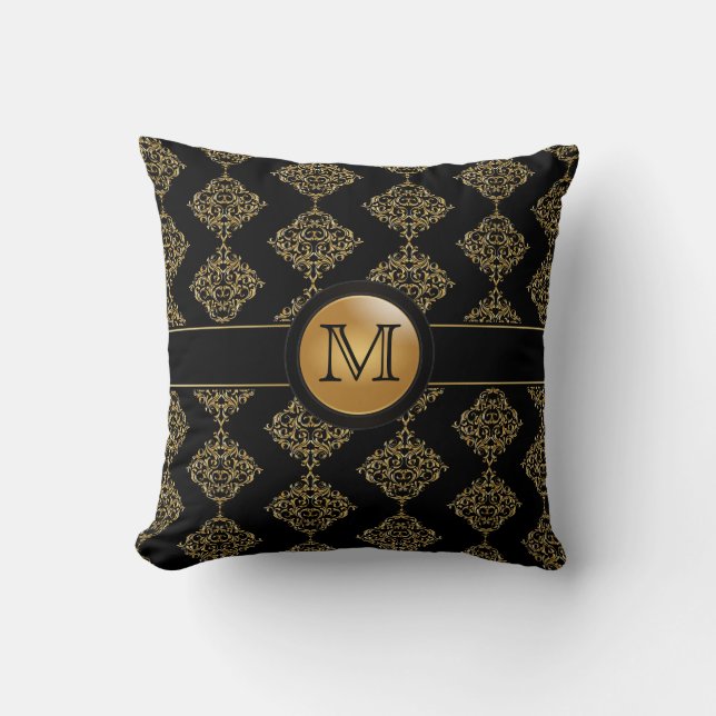 Elegant Gold Damask Pattern | Monogram Kussen (Voorkant)