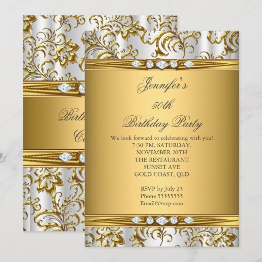 Elegant Gold Damask White Silver Diamond Birthday Kaart (Voorkant / Achterkant)