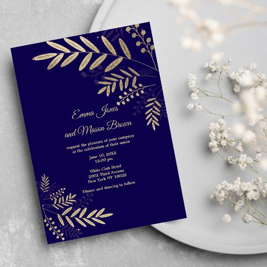 Elegant gold dark purple floral Wedding Invitation