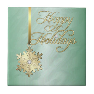 Elegant Gold Diamond Snowflake Green Holiday Tile Tegeltje