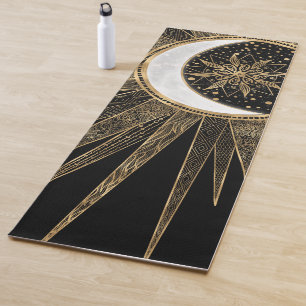 Elegant Gold Doodles Sun Moon Mandala Black Design Yogamat