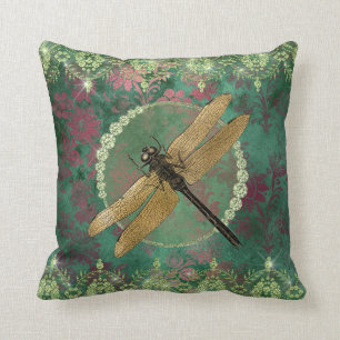 Elegant Gold Dragonfly op groen met Rhinestones Kussen
