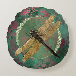 Elegant Gold Dragonfly op groen met Rhinestones Rond Kussen