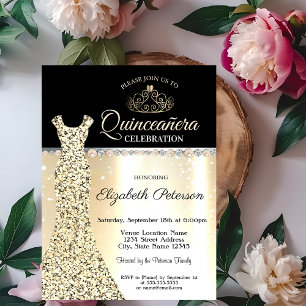 Elegant Gold Dress, Diamonds Pearls Quinceañera Kaart