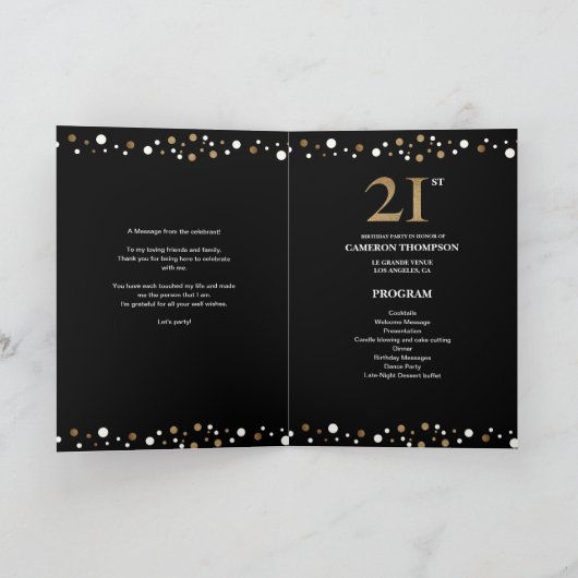 Elegant Gold en Black Confetti 21ST jarig Programma (Binnen)