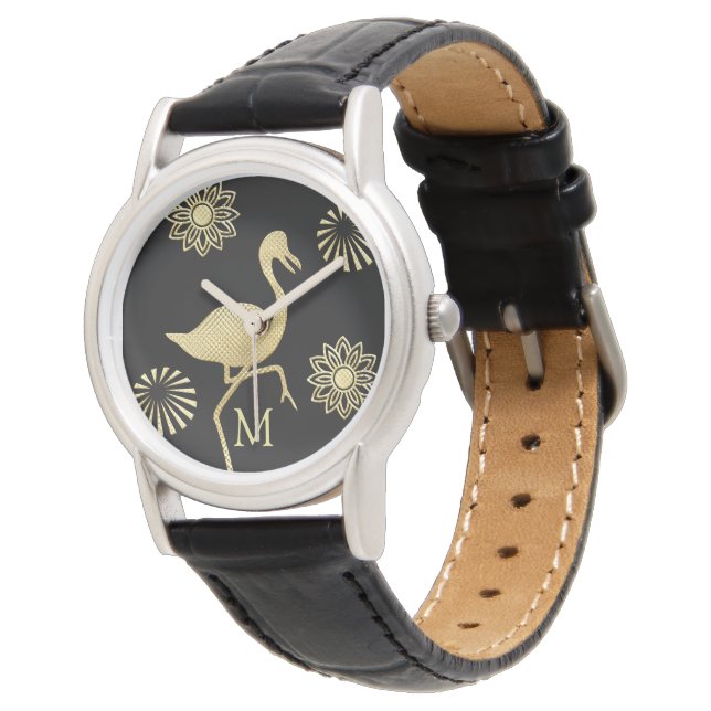 Elegant Gold en Black Flamingo Art Monogram Horloge (Gekanteld)