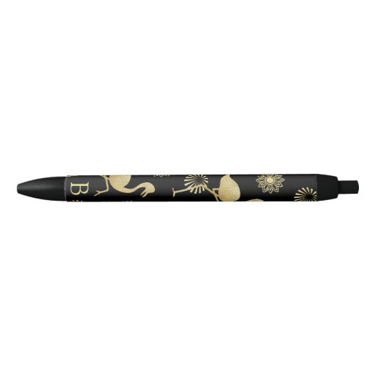 Elegant Gold en Black Flamingo Art Monogram Zwarte Inkt Pen (Voorkant)