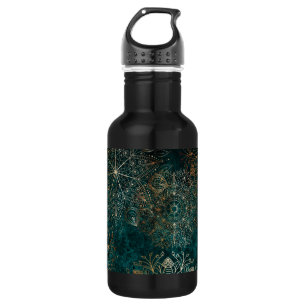 Elegant Gold en Blauwgroen Green Floral Mandala Pa Waterfles