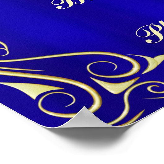 Elegant Gold en Blue Birthday Welcome Sign Poster (Hoek)