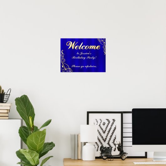 Elegant Gold en Blue Birthday Welcome Sign Poster (Thuiskantoor)