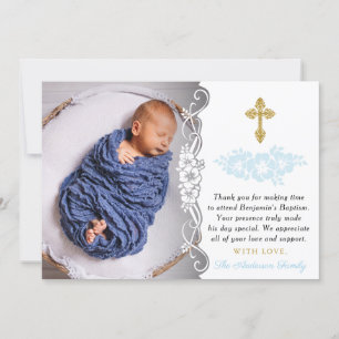 Elegant Gold en Blue Floral Baby Boy Baptisme Bedankkaart