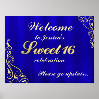 Elegant Gold en Blue Sweet 16 Welkomstteken Poster