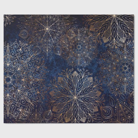 Elegant Gold en Dark Blue Floral Mandala Pattern Cadeaupapier (Vlak)
