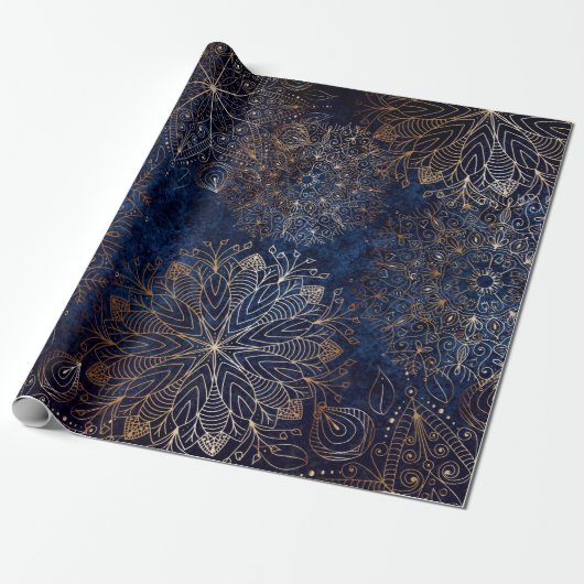 Elegant Gold en Dark Blue Floral Mandala Pattern Cadeaupapier (Uitgerold)