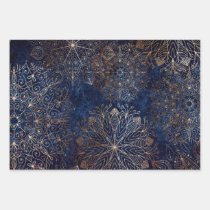Elegant Gold en Dark Blue Floral Mandala Pattern  Inpakpapier Vel