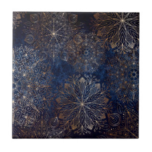 Elegant Gold en Dark Blue Floral Mandala Pattern Tegeltje