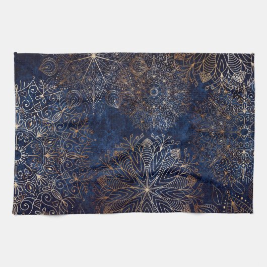 Elegant Gold en Dark Blue Floral Mandala Pattern Theedoek (Horizontaal)