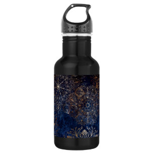 Elegant Gold en Dark Blue Floral Mandala Pattern Waterfles