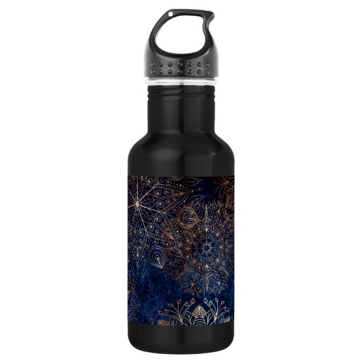 Elegant Gold en Dark Blue Floral Mandala Pattern Waterfles (Voorkant)