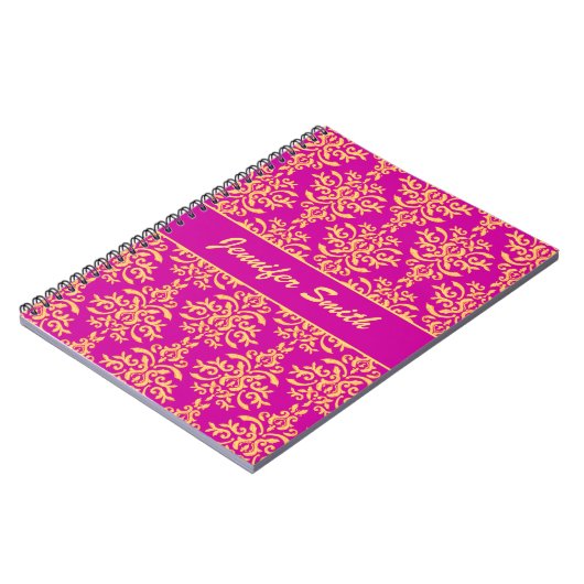 Elegant Gold en hot-roze magenta Damask Notitieboek (Linkerzijde)
