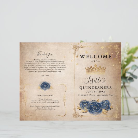 Elegant Gold en Navy Blue Quinceanera Programma (Staand voorkant)