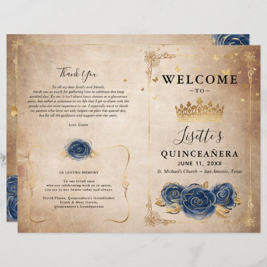 Elegant Gold en Navy Blue Quinceanera Programma (Voorkant / Achterkant)