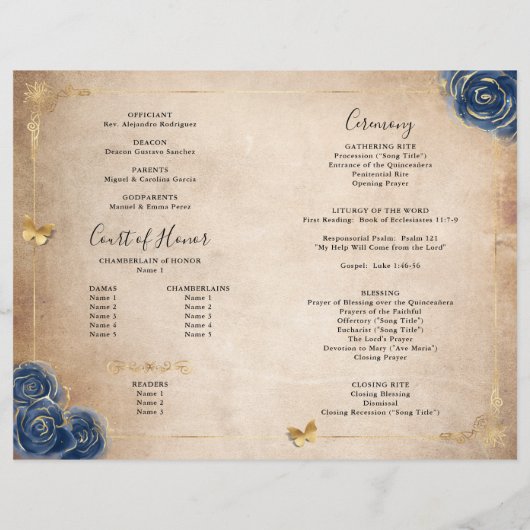 Elegant Gold en Navy Blue Quinceanera Programma (Achterkant)