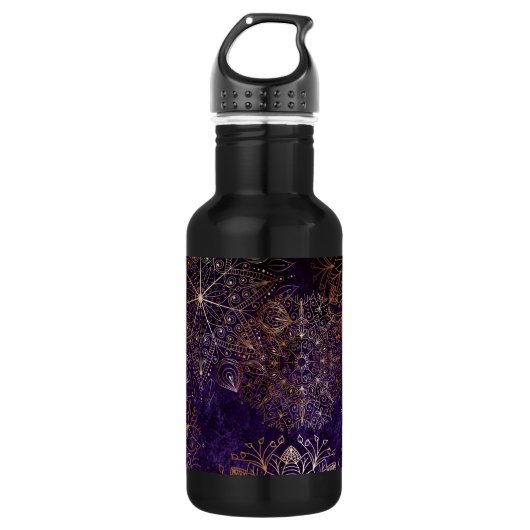 Elegant Gold en Paarse Floral Mandala Pattern Waterfles (Voorkant)