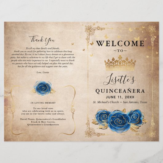 Elegant Gold en Royal Blue Quinceanera Programma (Voorkant)