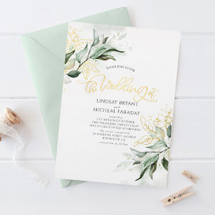Elegant Gold en Sage Greenery Modern Wedding Folie Uitnodiging